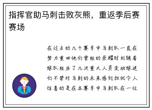 指挥官助马刺击败灰熊，重返季后赛赛场