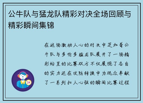 公牛队与猛龙队精彩对决全场回顾与精彩瞬间集锦
