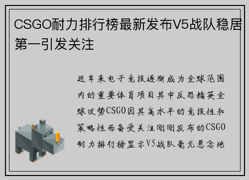 CSGO耐力排行榜最新发布V5战队稳居第一引发关注