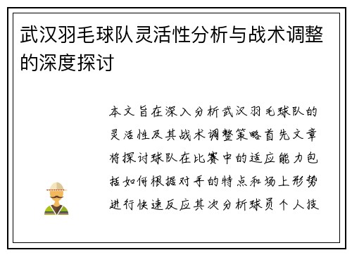 武汉羽毛球队灵活性分析与战术调整的深度探讨