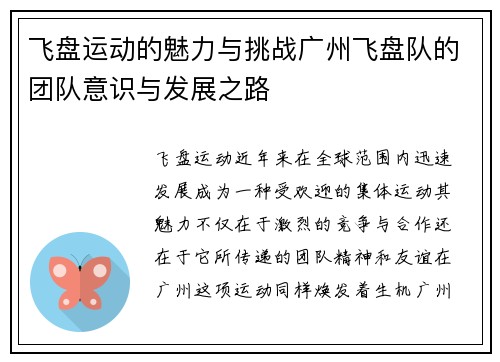 飞盘运动的魅力与挑战广州飞盘队的团队意识与发展之路