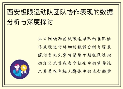 西安极限运动队团队协作表现的数据分析与深度探讨
