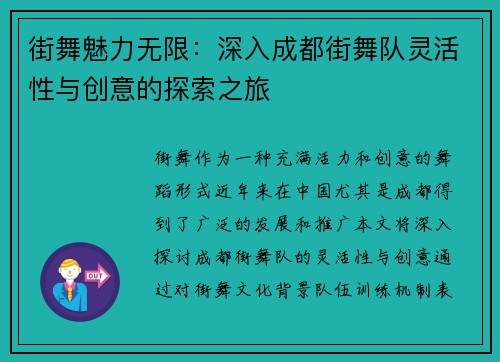 街舞魅力无限：深入成都街舞队灵活性与创意的探索之旅
