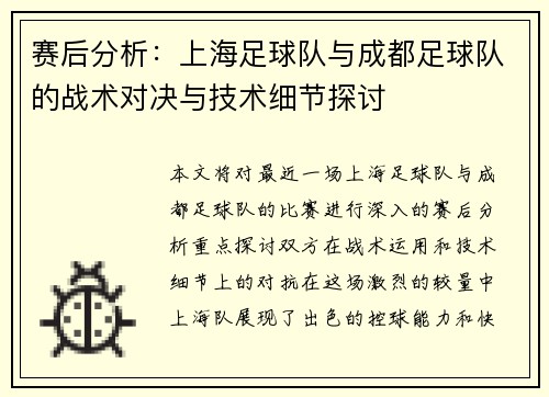 赛后分析：上海足球队与成都足球队的战术对决与技术细节探讨