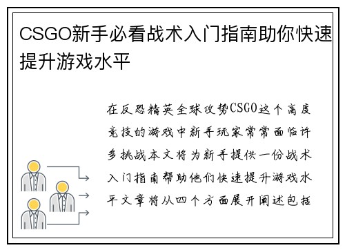 CSGO新手必看战术入门指南助你快速提升游戏水平