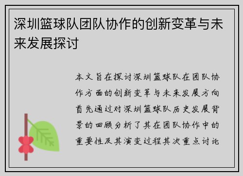 深圳篮球队团队协作的创新变革与未来发展探讨